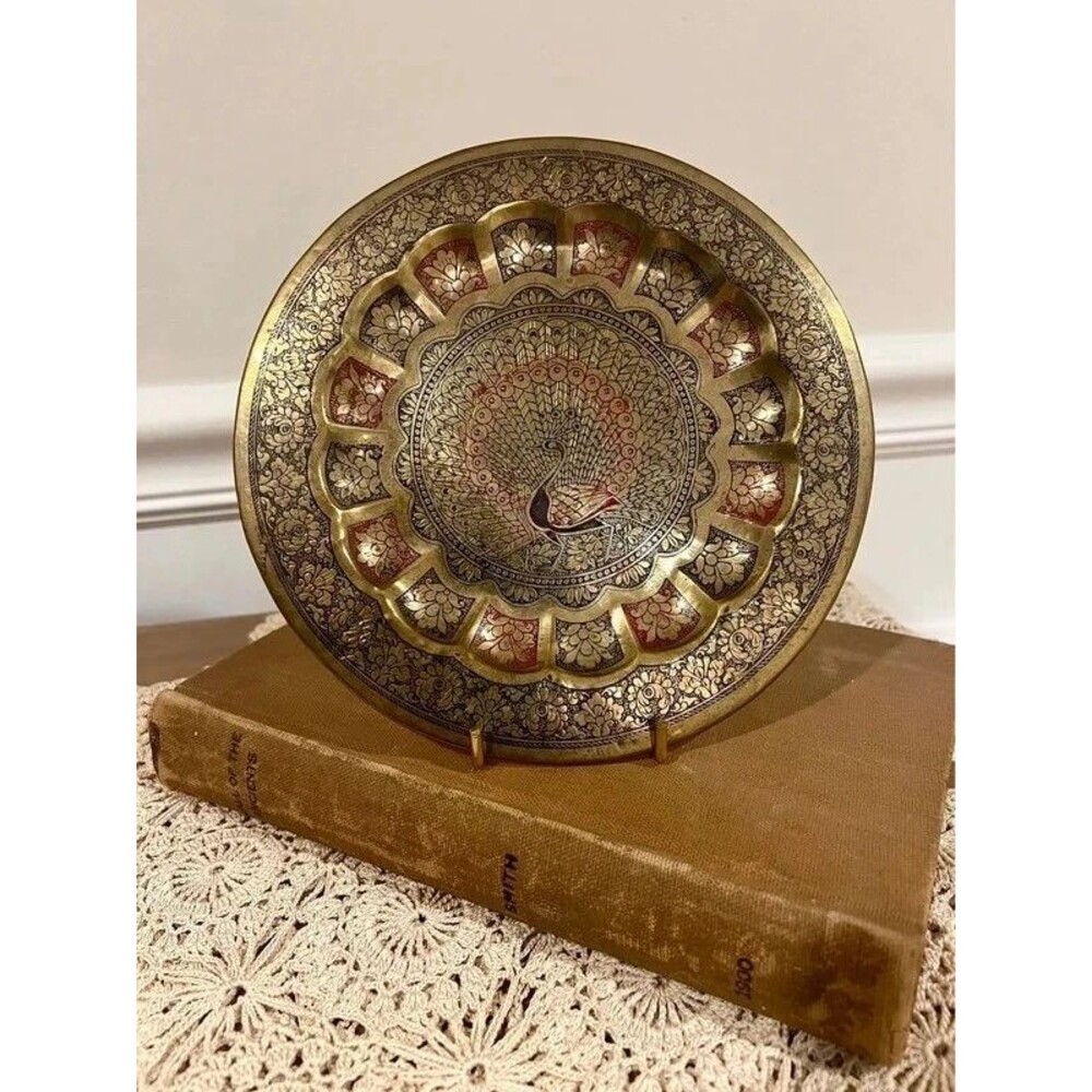 Vintage Etched Brass Peacock Wall Plate/ Tray 7.5” Boho Decor